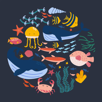 Marine animals and fish. Marine banner stylized in a circle. Underwater world, sea life. Vector illustration in cartoon style. Concept card with underwater inhabitants. Vector illustration.