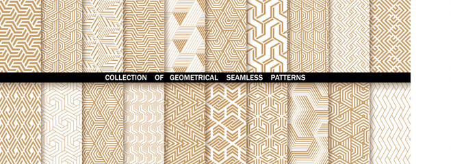 Geometric set of seamless gold and white patterns. Simpless vector graphics