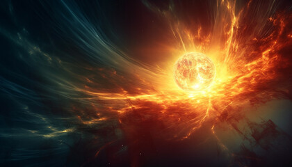 Obraz premium Glowing star explodes in abstract galaxy, illuminating dark night sky generated by AI