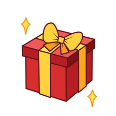 One red gift box with yellow tied bow ribbon full colored vector icon outline isolated on square white background. Simple flat minimalist outlined drawing with birthday party celebration theme.