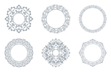 Obraz premium Set of decorative frames Elegant vector element for design in Eastern style, place for text. Floral gray and white borders. Lace illustration for invitations and greeting cards