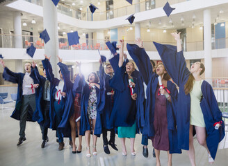 College graduates in cap and gown throwing caps overhead