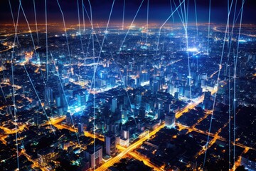 Obraz na płótnie Canvas Close-up photo of night cityscape symbolizing fast network and connection technology. Generative AI