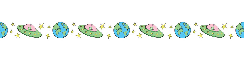 Edging, ribbon, border from Flying Saucers with cute aliens, the Earth and stars in doodle flat style. Decorative element, divider, edge decoration on theme of space, fantastic, kids design
