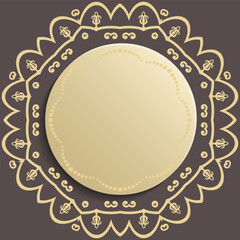 Round vector frame with floral elements and arabesques. Pattern with arabesques. Brown and yellow greeting card