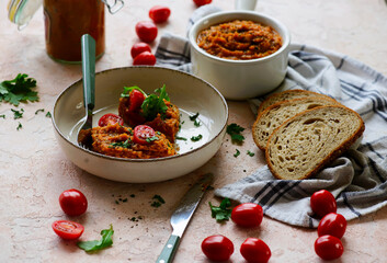 Homemade Squash caviar with bread. top view .