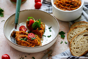 Homemade Squash caviar with bread. top view .