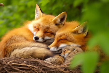 Obraz premium Fox Family in the Wild. Generative AI. A digital rendering of a fox mother and her pups. 