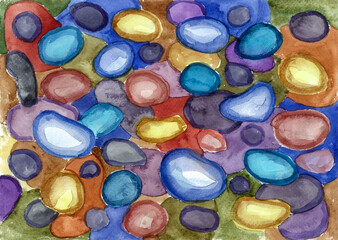 Abstract background of colored rounded shapes. It looks like stones, the soil of the coast. Watercolor blur. Blue, ocher, dirty red and dirty purple colors.