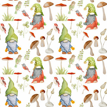 Forest dwarf with mushrooms and bird watercolor painting seamless pattern. Fairytale character gnome with chanterelle aquarelle drawing for postcard decoration