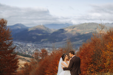 Loving couple in the mountains. Weddings in the mountains. Back view of the newlywed couple standing on the mountains and enjoying the landscape.