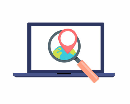 planet Earth with magnifying glass and red pointer on laptop screen Finding the best place for travel, vacation concept.
