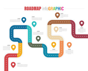 Road map infographic template with colorful pin pointers on the way. Vector illustration. timeline route