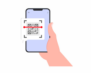 Man hand holding a phone and scanning QR code for online payment Verification. Vector illustration.