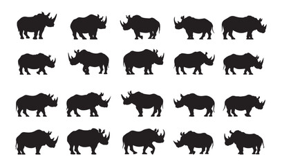 African Rhinoceros Rhino silhouette collection vector, isolated on white background