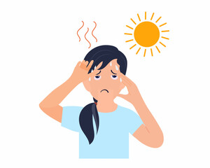 Woman suffers from heat stroke feels so thirsty because of hot weather flat vector design.