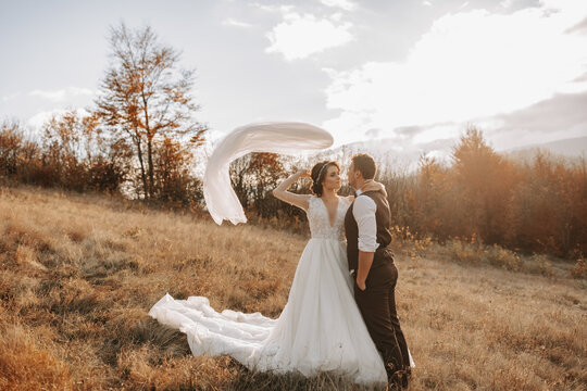 Happy wedding couple posing over a beautiful mountain landscape. wedding veil in the air