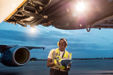 Airport ground crew worker with clipboard under airplane on tarmac - obrazy, fototapety, plakaty