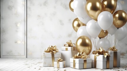 Romantic white room background with balloons hearts and gift box. Valentine's Day or Merry Christmas and Happy New Year greetings.