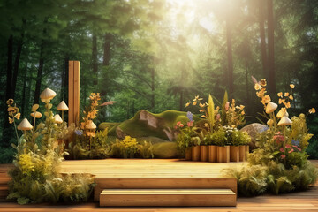 Wooden stage design, product advertising stand exhibition with complementary elements such as flowers and plants as a background. AI generative
