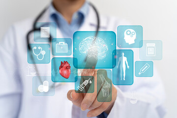 Healthcare business and insurance, Doctor diagnosing serving best quality service to patients and analysis about healthcare costs and fees.