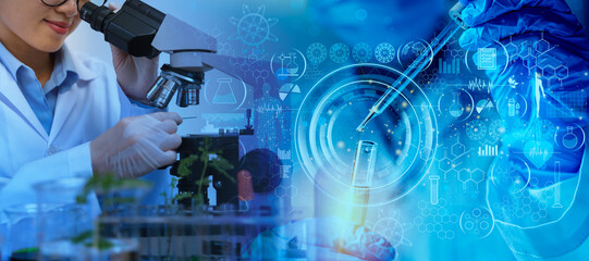 Research and developement concept background of scientist or reseacher using microscope in biotechnology laboratory overlay.