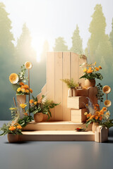 Wooden stage design, product advertising stand exhibition with complementary elements such as flowers and plants as a background. AI generative