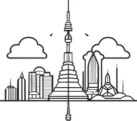 Line art city and tower