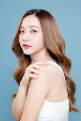 Young Asian beauty woman curly long hair with korean makeup style on face and perfect clean skin on...