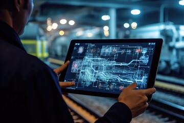 A close - up shot of an engineer using a tablet to check and analyze the data systems of a track on the railway network. Generative AI