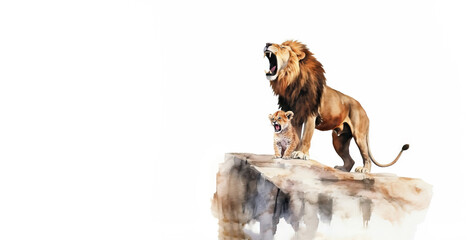 Lion and Cub Watercolor Print. Art of the Lion a King and Cub on a Rock - An Exquisite Poster Celebrating the Lion's Pride.  