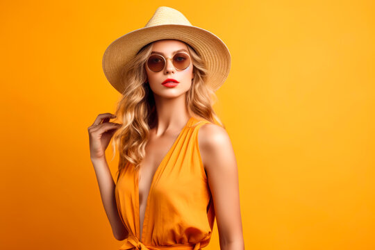 Attractive lovely young woman in sunglasses and hat standing over orange backgound. Generative AI