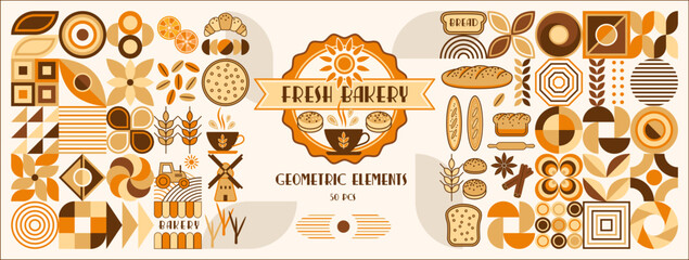 Set of bread, bakery themed design elements, logo with icons, abstract shapes in simple geometric style. Good for branding, decoration of food package, cover design, decorative print, background.