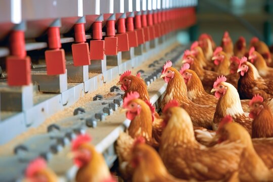 The spacious and well - organized environment of a modern chicken farm with a close - up shot of a chicken house. Generative AI