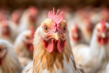 The spacious and well - organized environment of a modern chicken farm with a close - up shot of a chicken house. Generative AI