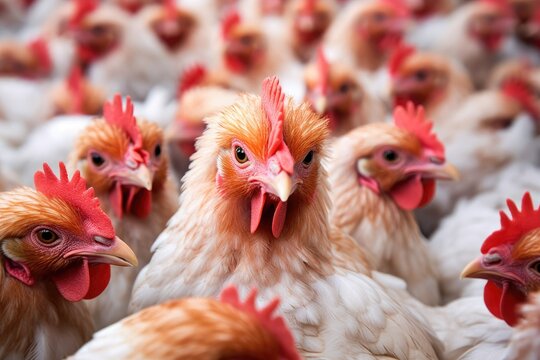 The spacious and well - organized environment of a modern chicken farm with a close - up shot of a chicken house. Generative AI
