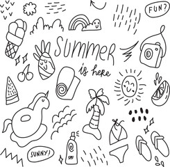 vector, summer, illustration, doodle, set, design, icon, beach, cartoon, holiday, collection, sun, graphic, sketch, travel, element, art, drawing, background, line, sea, sunglasses, symbol, tourism,