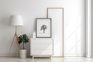 There is a white cabinet in a room with white walls. A light and two framed photos are also present. a mockup. Generative AI