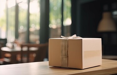 Closeup Delivery Box and Parcel on Table for Online Shopping and Commerce