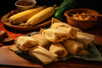 Mexican corn and chicken tamales on wooden table. AI generative.