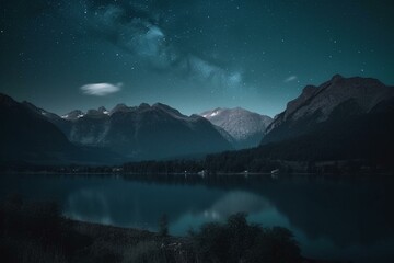 Naklejka na ściany i meble Mountain range with lake, stars, clouds, and more peaks in sight. Generative AI