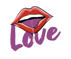 Love. Sexy lips t-shirt design next to handwritten text. Vector illustration for Valentine's Day.