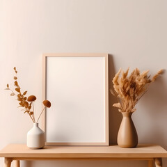 An artistic and serene still life unfolds in a boho-inspired home, featuring a decorative vase filled with a captivating bouquet of dried plants and grasses, a blank picture frame mockup hanging on th
