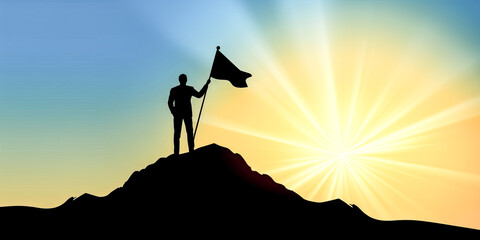 A businessman stands proudly, holding a flag aloft against a silhouetted sky.