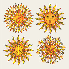 Set of illustrations of sun with face, yin yang sign, peace symbol, spiral shapes. Vintage style.