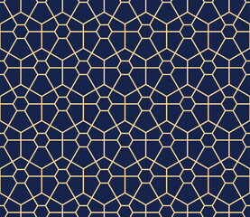 The geometric pattern with lines. Seamless vector background. Gold and dark blue texture. Graphic modern pattern. Simple lattice graphic design