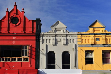 Roof parapets of multicolored heritage buildings on Oxford Street, Paddington. Sydney-Australia-699