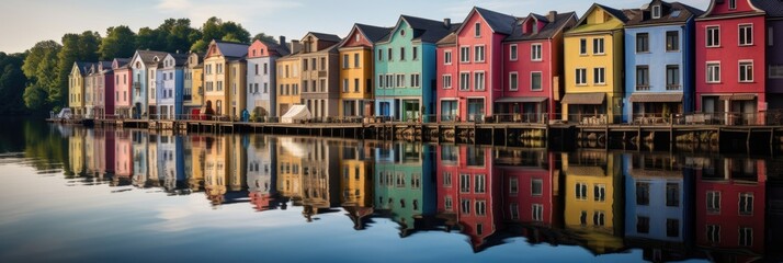 Fototapeta premium Colorful row of homes on a lake. Reflection of houses in the water. Old buildings in Europe. Architectural landscape.