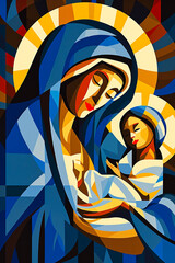  Holy Mary holding baby Jesus Christ in her arms. Graphic representation. AI generativ.