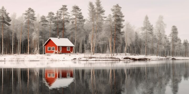 Little red cabin in the woods on a reflective lake. Lone house reflection in the winter forest.